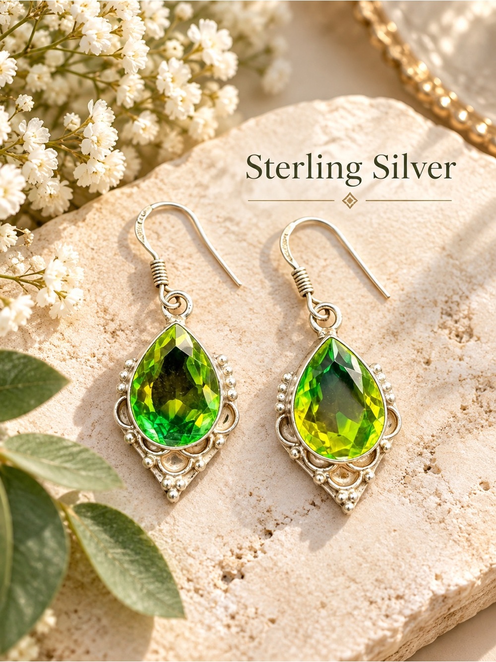 925 Sterling Silver Green Gemstone Drop Earrings